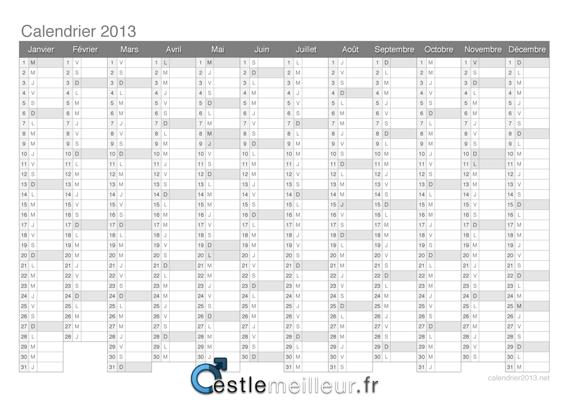 Calendrier vierge en une seule page pour 2013