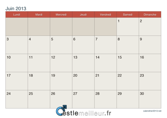 Calendrier vierge et coloré pour Juin 2013, spéciale customisé